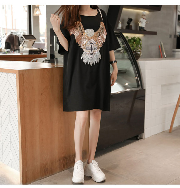 Rochie casual de dama de culoare neagra cu decor din paiete si marimi pana la 5XL