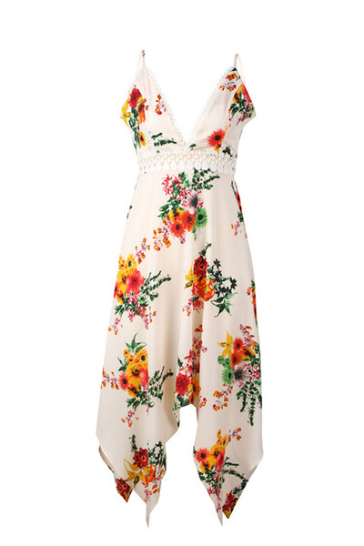 Μοντέρνο γυναικείο φόρεμα με V-λαιμό, floral μοτίβα και φούντα