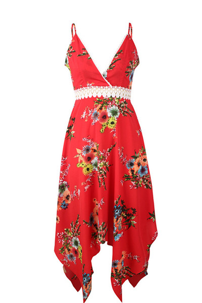 Μοντέρνο γυναικείο φόρεμα με V-λαιμό, floral μοτίβα και φούντα