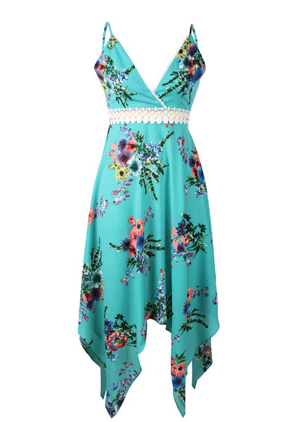 Μοντέρνο γυναικείο φόρεμα με V-λαιμό, floral μοτίβα και φούντα