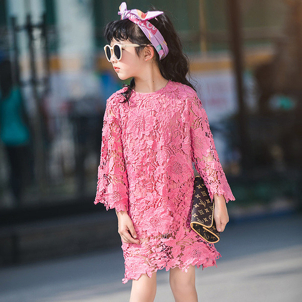 Rochie eleganta pentru copii cu maneci lungi in alb si roz