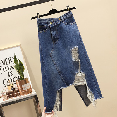 Stílusos női hosszú farmerszoknya szakadt motívumokkal