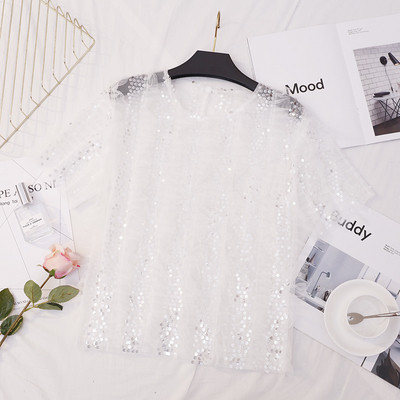 Bluză de damă elegantă în alb și negru cu paiete