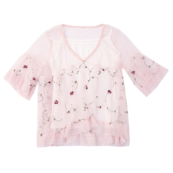 Modern női blúz V-nyakkal, négy színben hímzéssel