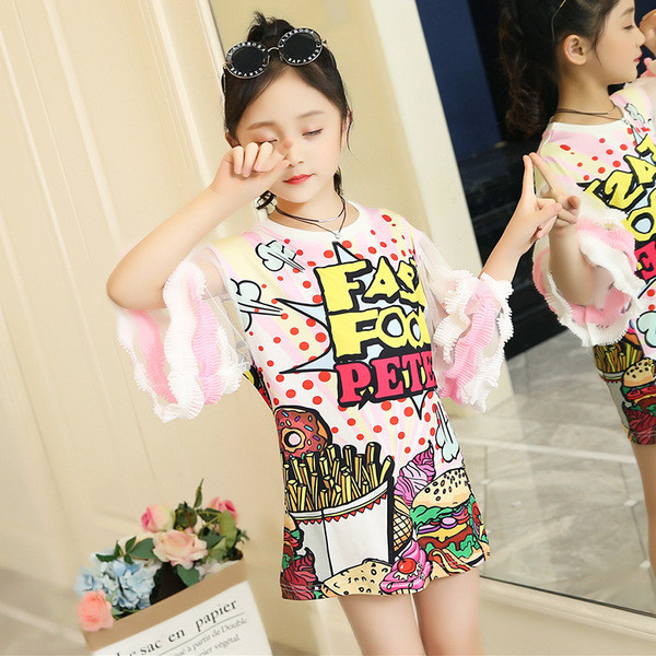 Modern gyerektunika rátéttel és O-nyakkal