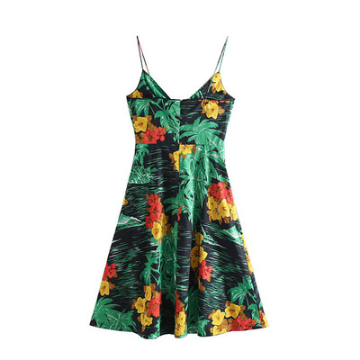 Stílusos női ruha vékony pántokkal, V-nyakkal és virágmotívumokkal