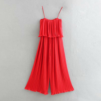 Salopetă elegantă de damă în roșu și negru, cu bretele subțiri