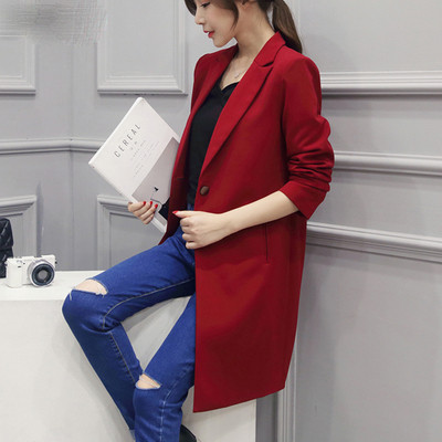 Стилно дамско дълго сако с дълъг ръкав в червен цвят 