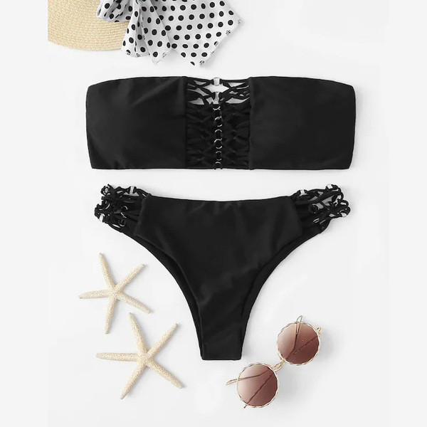 Costum de baie de damă din două piese cu legături încrucișate de culoare neagră