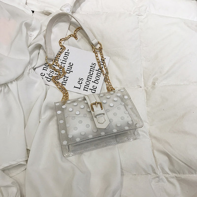 Κομψή γυναικεία τσάντα με διαφανή επικάλυψη και μακρά μεταλλική αλυσίδα