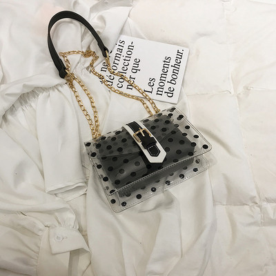 Κομψή γυναικεία τσάντα με διαφανή επικάλυψη και μακρά μεταλλική αλυσίδα