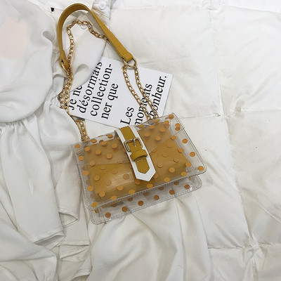 Κομψή γυναικεία τσάντα με διαφανή επικάλυψη και μακρά μεταλλική αλυσίδα