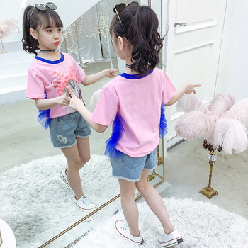Детска тениска за момичета в син и розов цвят с апликация