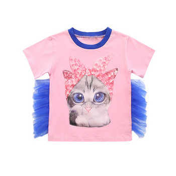 Детска тениска за момичета в син и розов цвят с апликация