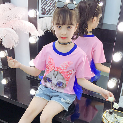 Παιδικό t-shirt για κορίτσια σε μπλε και ροζ με applicqué