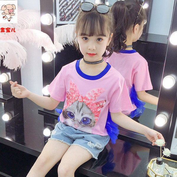 Παιδικό t-shirt για κορίτσια σε μπλε και ροζ με applicqué