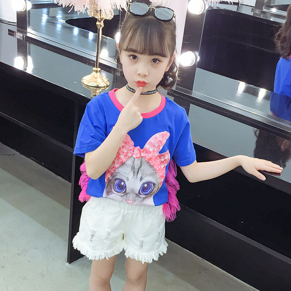 Παιδικό t-shirt για κορίτσια σε μπλε και ροζ με applicqué