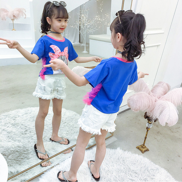 Παιδικό t-shirt για κορίτσια σε μπλε και ροζ με applicqué