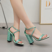 Sandale de dama stralucitoare cu toc gros de culoare verde