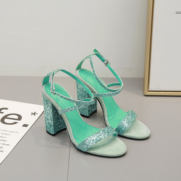 Sandale de dama stralucitoare cu toc gros de culoare verde