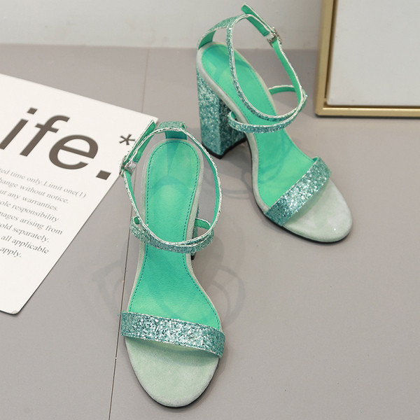 Sandale de dama stralucitoare cu toc gros de culoare verde