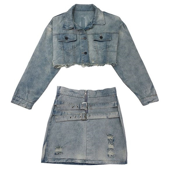 Stílusos női farmerszoknya és farmerdzseki szett szakadt elemekkel