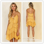 Modern női ruha V-nyakú sárga színben