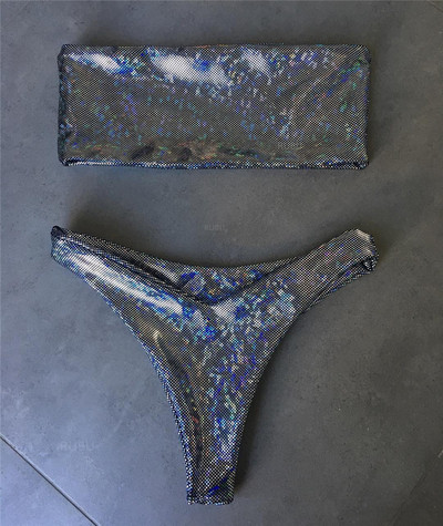 Modern kétrészes fürdőruha fényes hatású szürke és fekete színben