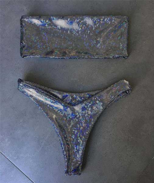 Modern kétrészes fürdőruha fényes hatású szürke és fekete színben