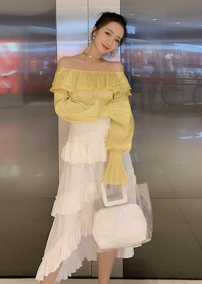 Bluză de damă modernă cu umerii goi și mâneci lungi și largi în trei culori