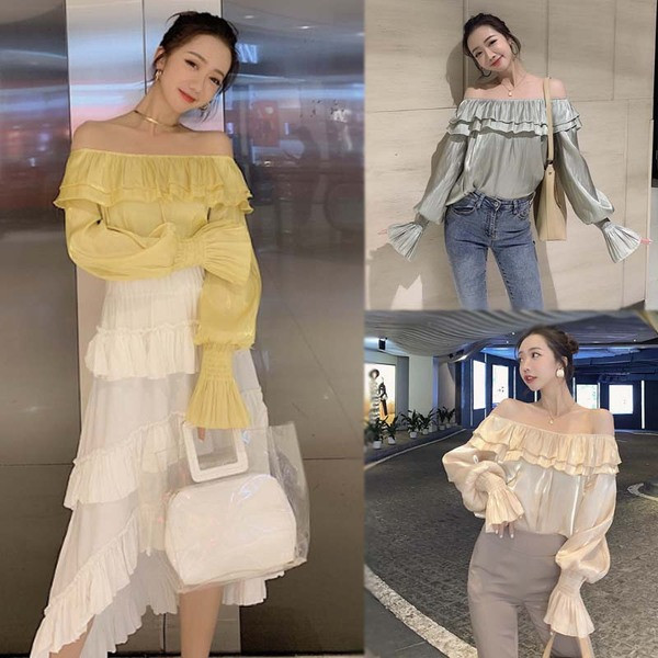 Bluză de damă modernă cu umerii goi și mâneci lungi și largi în trei culori