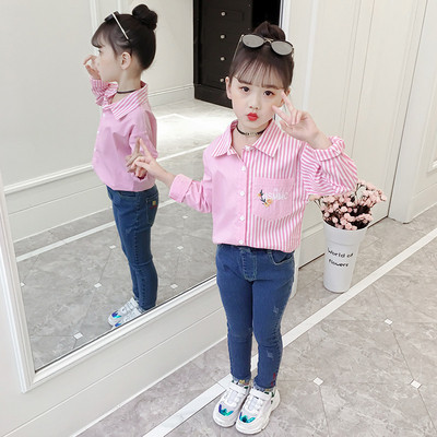 Cămașă pentru fete pentru copii în două culori cu buzunar și broderie