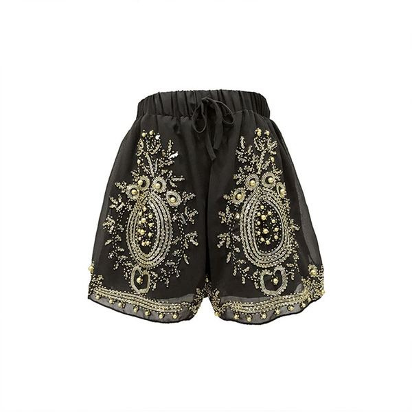 Pantaloni scurti moderni de dama cu talie inalta si broderii in doua culori