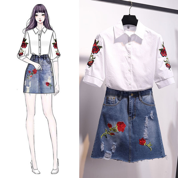 Stílusos női szett kétrészes ing + szoknya hímzéssel