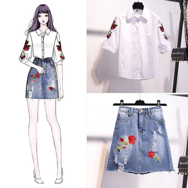 Stílusos női szett kétrészes ing + szoknya hímzéssel