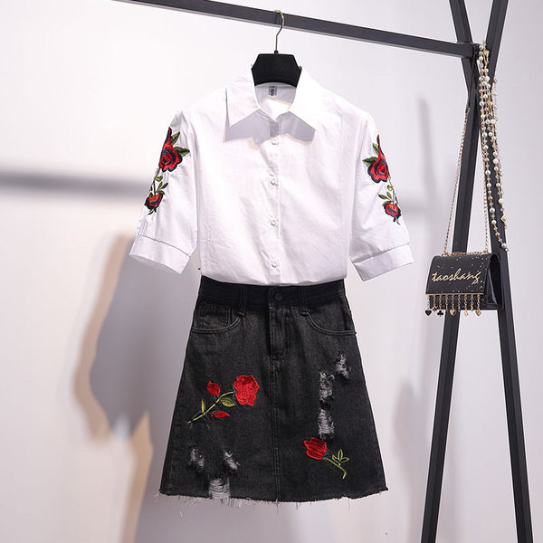 Stílusos női szett kétrészes ing + szoknya hímzéssel