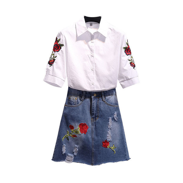 Stílusos női szett kétrészes ing + szoknya hímzéssel