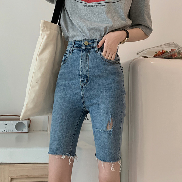 Új modell farmer rövidnadrág magas derékkal, szakadt motívumokkal