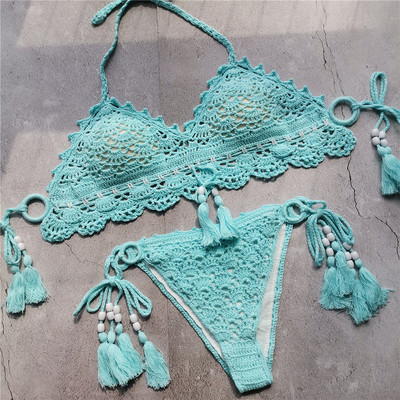 Κομψό γυναικείο μαγιό με  κορδόνια και φούντες σε τέσσερα χρώματα