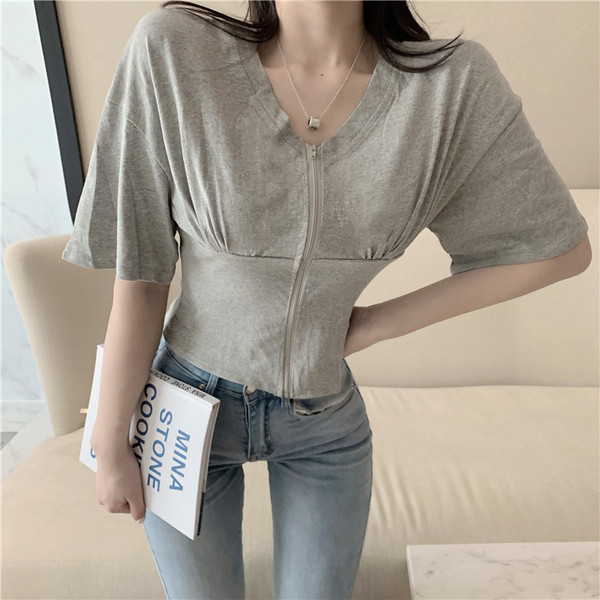 Καθημερινό  γυναικείο T-shirt με φερμουάρ και φερμουάρ σε μαύρο και γκρι χρώμα