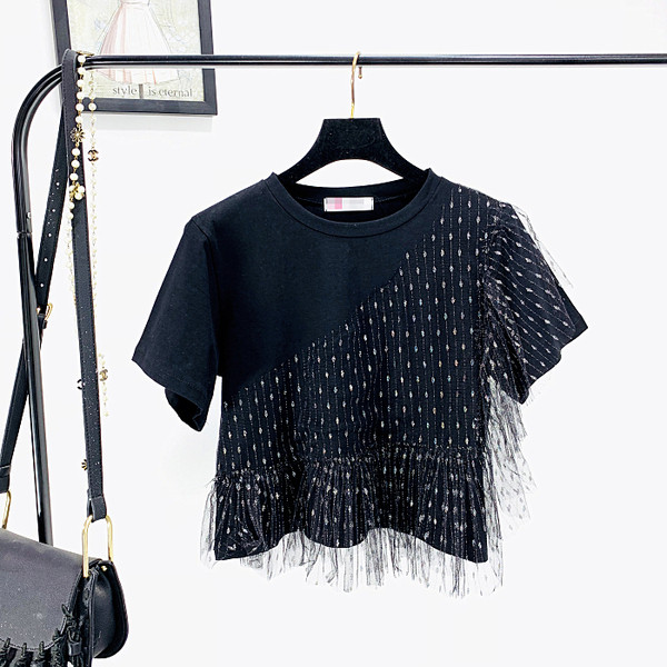 Modern női blúz fehér és fekete színben O-nyakkal és tüllvel