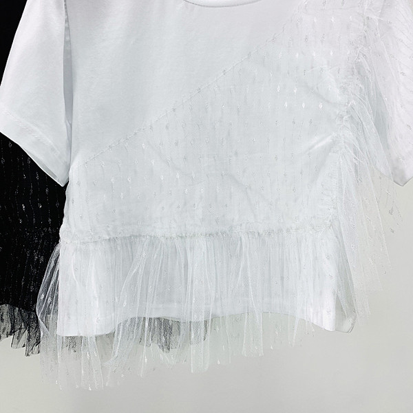 Modern női blúz fehér és fekete színben O-nyakkal és tüllvel