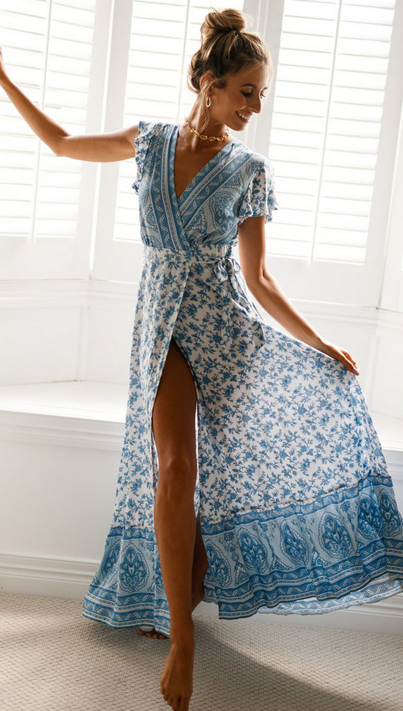 Modern hosszú női ruha V-nyakkal és virágmintával több színben