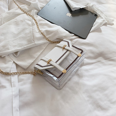 Modern női táska három színű öko bőrből, fém elemekkel és hosszú fémlánccal