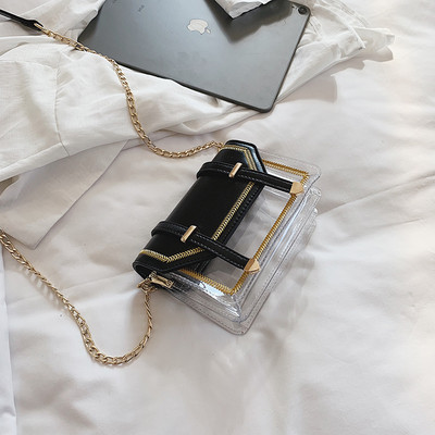 Modern női táska három színű öko bőrből, fém elemekkel és hosszú fémlánccal