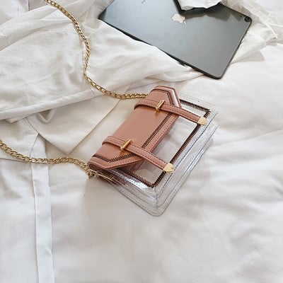 Modern női táska három színű öko bőrből, fém elemekkel és hosszú fémlánccal