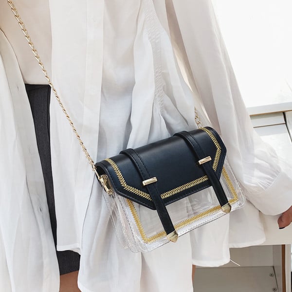 Modern női táska három színű öko bőrből, fém elemekkel és hosszú fémlánccal