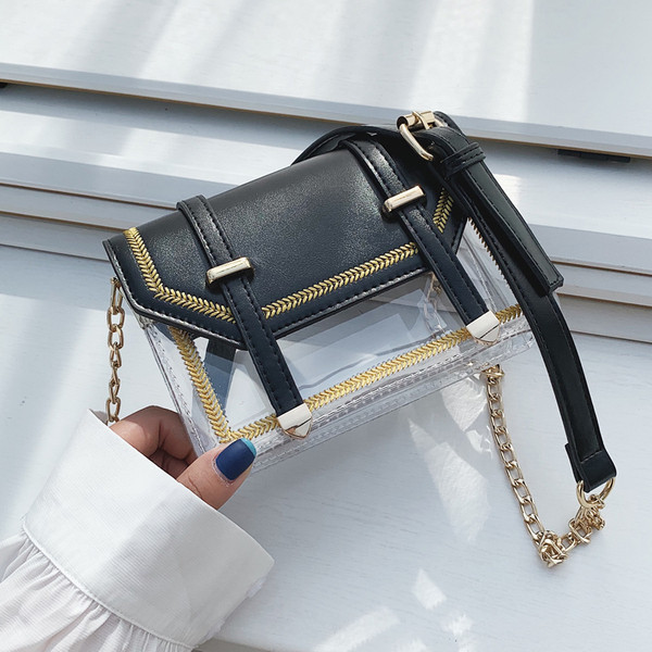 Modern női táska három színű öko bőrből, fém elemekkel és hosszú fémlánccal