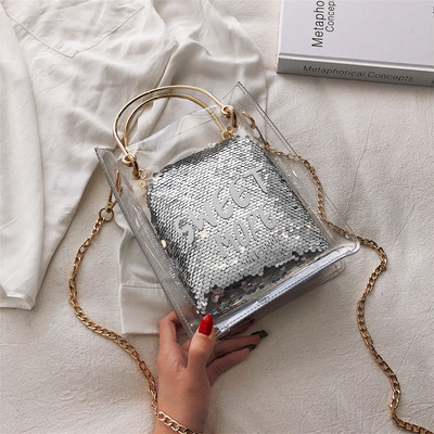 Μοντέρνα γυναικείο τσάντα  με διαφανές κάλυμμα και πούλιες σε πέντε χρώματα