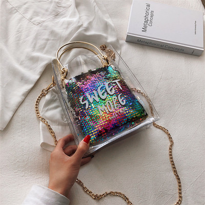 Μοντέρνα γυναικείο τσάντα  με διαφανές κάλυμμα και πούλιες σε πέντε χρώματα